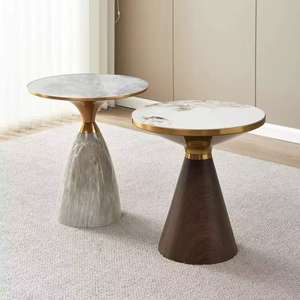 Elegante Mesa Auxiliar de Mármol con Ribete Dorado, Base Cónica de Madera, Mesa de Centro para Apartamento - Product Image 1