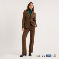 Ensemble tailleur pantalon pour femme, coupe droite, blazer à revers crantés, pantalon droit, motif écossais en tweed, personnalisable avec logo