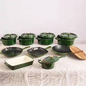 Bright Houseware Wholesale Juego de Horno Holandés de hierro fundido 2023 Utensilios de cocina personalizados más vendidos Juego de utensilios de cocina de hierro fundido de esmalte verde