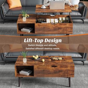 Tavolino da Caffè in Legno Marrone con Piano Sollevabile e Vano Nascosto, Piccolo Tavolo da Pranzo Elevabile per Soggiorno - Product Image 2