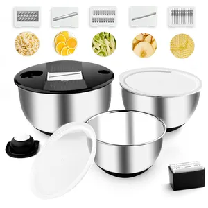 New kitchenware 3 in 1 mixing bowl stainless steel vegetable slicer with 5 interchangeable blades with lids salad bowls