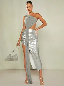 2024 Custom Women Sexy 1 Shoulder Ruched Grown Dresses Elegant Slim Club Split Maxi Dresses