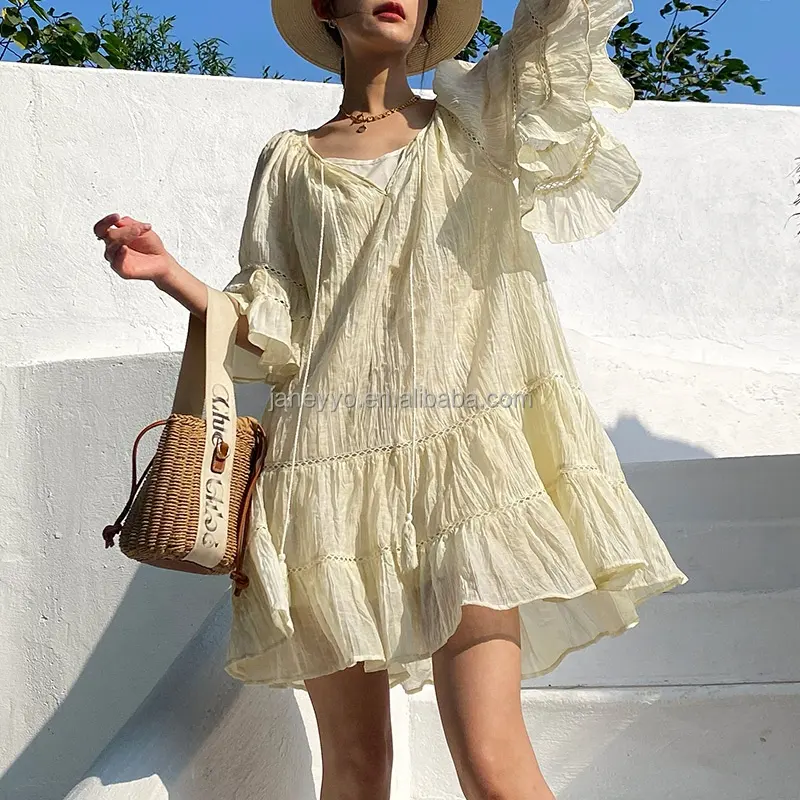 Schnelle Lieferung Mode Damen rundhalsausschnitt welliges strukturiertes bedrucktes Boho-Kleid großes ausgestelltes kurzarm-Mini-Tunika-Kleid