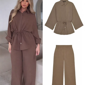 Set di pantaloni estivi da <span class=keywords><strong>donna</strong></span> camicetta top <span class=keywords><strong>pantalone</strong></span> da <span class=keywords><strong>donna</strong></span> Set due pezzi marrone a maniche lunghe tailleur <span class=keywords><strong>donna</strong></span> - Product Image 1