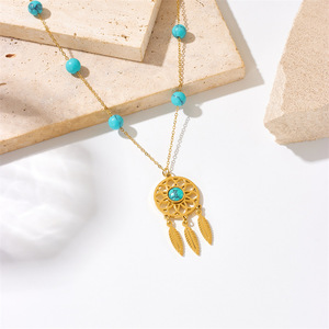 Dreamcatcher Pendant Necklace Turquoise Beaded Gold Chain Feather Charm Boho Style Gift Jewelry - Product Image 2
