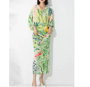Hot Sell 2023 India Style Miyake Floral V-neck Bat Sleeve Plus Size Pencil Loose Slim Women Pleated Casual Dress