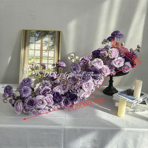 Composition florale artificielle élégante pour chemin de table, 200 cm x 60 cm, en soie de haute qualité, couleur violet, décoration de table - Product Image 6