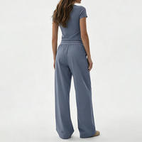 Vêtements de sport pour femme effet seconde peau, col rond, manches courtes, pantalon de survêtement droit à jambes larges, tenue de sport