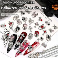 Breloques en alliage 3D gothiques pour nail art, motifs crâne, croix, chauve-souris, araignée, avec strass, vente en gros