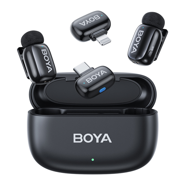 BOYA Wireless Mini Microphone for Android PC with USB C Noise Cancellation Charging Case AI Voice Changing Lapel Microphone