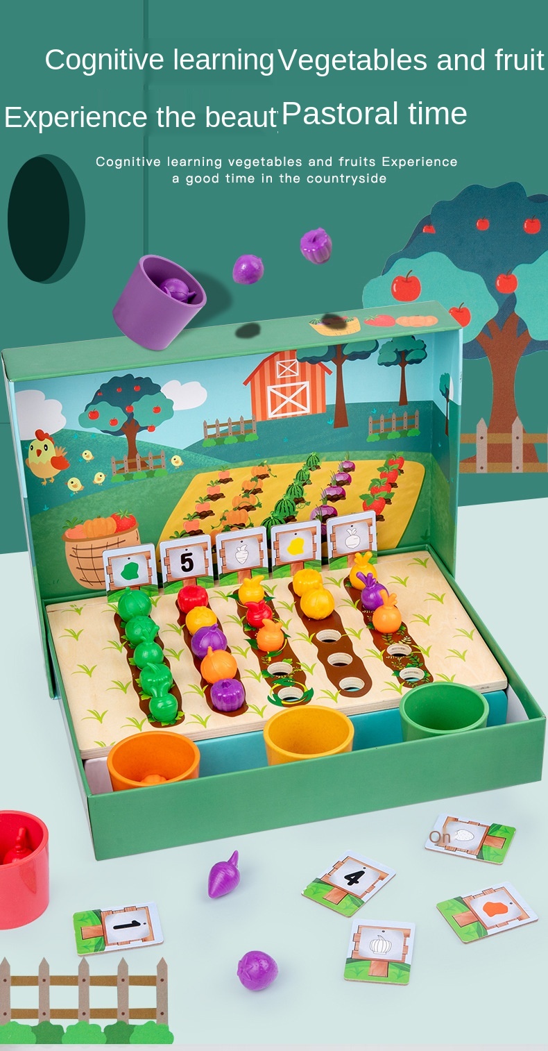 Children wooden mathematics early education toys Vegetables Fruits Color Classification Cup Counting Shape Matching Farm Game