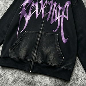 Sweat à capuche zippé noir <span class=keywords><strong>d</strong></span>élavé style vintage, imprimé Purple Revenge gothique, streetwear oversize Y2K pour hommes et femmes - Product Image 2