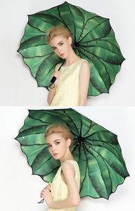 Parapluie droit semi-automatique à motifs de feuilles de palmier pour femme, design classique, manche en plastique, polyester - Product Image 5