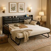 Lit d'appoint portable style ferme avec tête de lit rembourrée, station de charge, cadre métallique pliable, idéal pour hôtel et école (tailles King/Full XL)