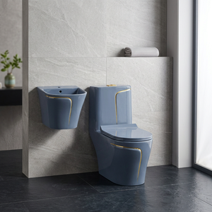 Belle vaisselle sanitaire en céramique colorée évier de salle de bain toilette ligne or bleu demi-bassin sur pied et ensemble de toilette en céramique monobloc - Product Image 1