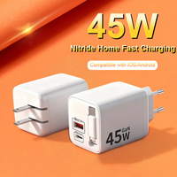 Cargador Justlink PD45W GaN con Adaptador USB-A Tipo C, Enchufe EU US UK, Cargador de Pared USB-C con Cable Retráctil Tipo C para iPhone
