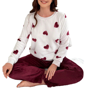 <b>Women's</b> Flannel Heart Print Long Sleeve <b>Pajama</b> Set Thick <b>Fleece</b> Sleepwear <b>for</b> Autumn Winter Soft Home Clothes - Product Image 1