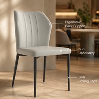 Ensemble de salle à manger à dossier haut en gris-beige, avec panneau côtelé, assise moelleuse et pieds fins gris anthracite, idéal pour coin petit-déjeuner et coin jus.