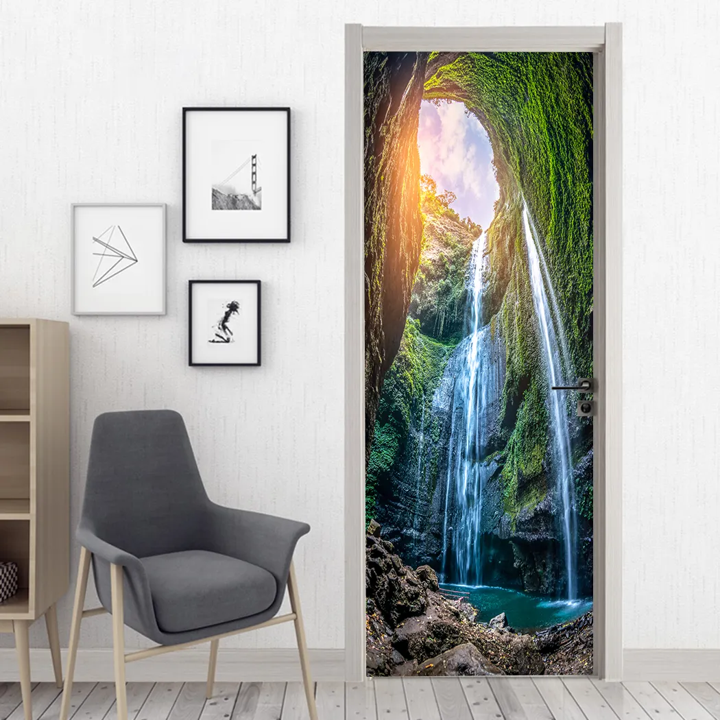 Madakaripura Waterfall 3D Door Mural Door Sticker Removable Self Adhesive Home Room Decor Decal