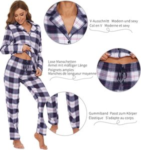 Pyjama long pour <span class=keywords><strong>femme</strong></span> en coton 100% avec taille élastique, respirant, à carreaux, <span class=keywords><strong>ensemble</strong></span> de vêtements de nuit, logo personnalisé, OEM, vente en gros - Product Image 3