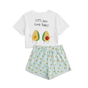 Avocado printed ladies sleepwear women short sleeve summer cotton pajama set designs 2 pcs Loungewear pajama set