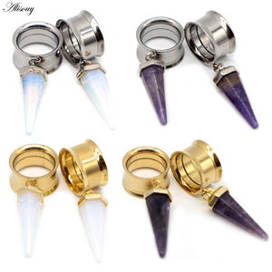 Alisouy 2 piezas de acero inoxidable ópalo púrpura piedra colgante oreja túnel expansor medidores cono internamente hilo Piercing cuerpo joyería - Product Image 1