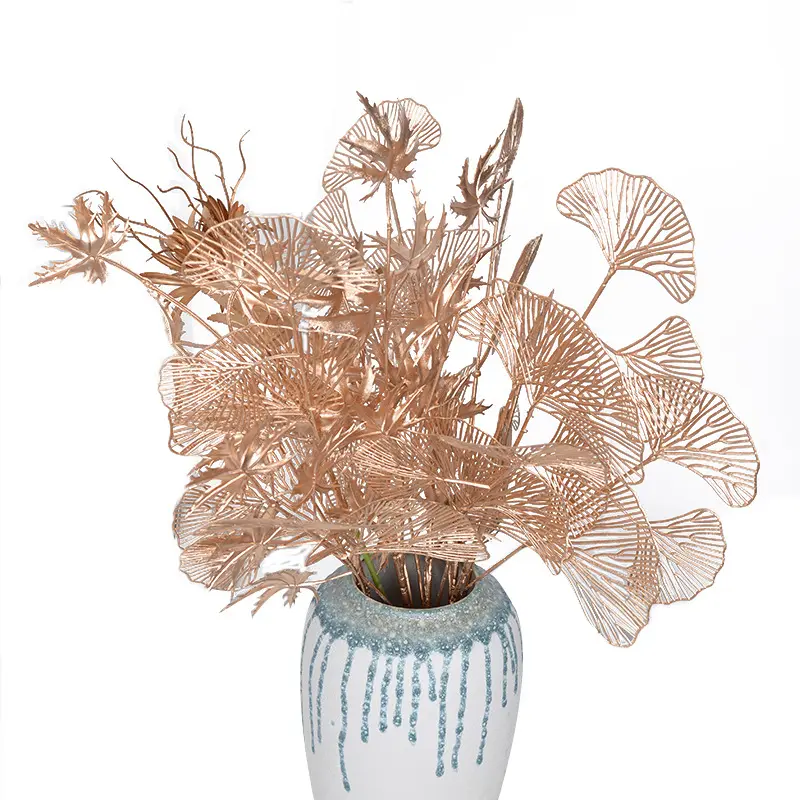 MU人工ファンリーフプラスチックメッシュパターン3フォークゴールデンイチョウの葉造花結婚式の装飾ファンリーフ