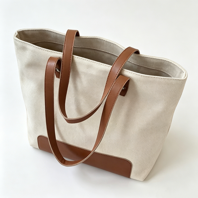 Two-Tone Canvas & Leather Trim Tote Bag with Reinforced Handles for Work Commute Daily Errands Lightweight Shopping Casual Use