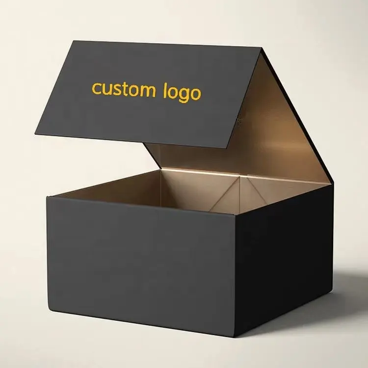 Sert kağıt karton siyah basit boş ambalaj manyetik kapatma özel siyah ayakkabı Logo ile katlanabilir manyetik kağıt hediye kutusu