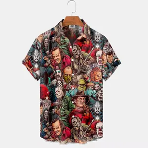 新款夏季男式衬衫3D印花恐怖图案夏威夷时装设计师男式恐怖衬衫电影印花3XL上衣