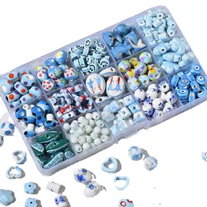Manik-manik keramik biru buatan tangan Jepang lucu bulat DIY perhiasan gelang Aksesori bahan