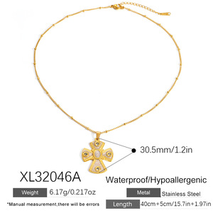 방수 저자극성 컬러 라인스톤 진주 골드톤 십자가 펜던트 목걸이 (여성용) - Product Image 5