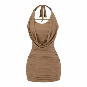 Robe Courte Sexy Halter Dos Nu Froncée Drapée Moulante Crayon Unie Coupe Slim pour Soirée Club Femme - Product Image 4