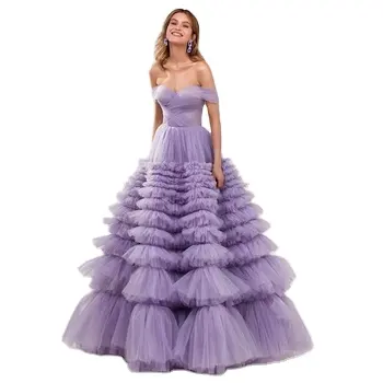 Gaun pesta ungu seksi bahu terbuka berkerut panjang gaun pesta dansa Formal gaun malam untuk Prom 2024 mode wanita