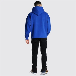 Customised Blue Cordless 100 Cotton French Terry Distressed Pullover Plain No Pocket Cut Edge Custom Raw Hem <b>Hoodie</b> - Product Image 3