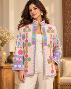 Pink Suzani <b>Velvet</b> Embroidered <b>Jacket</b> for Women Traditional Floral Threadwork Designer Ethnic Winter Outerwear Wholesale Fashion - Product Image 2