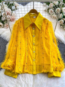 Camisa <span class=keywords><strong>de</strong></span> Mujer <span class=keywords><strong>de</strong></span> Invierno, Estilo Corte, con Mangas Campana, Cuello <span class=keywords><strong>Peter</strong></span> <span class=keywords><strong>Pan</strong></span>, Ajuste Holgado, Antiarrugas, con Costuras <span class=keywords><strong>de</strong></span> Gasa <span class=keywords><strong>de</strong></span> Alta Calidad - Product Image 3