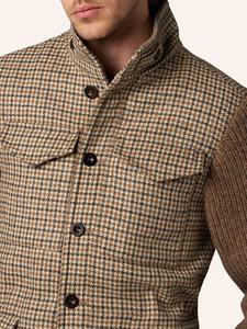 Giacca-camicia ibrida da uomo <span class=keywords><strong>in</strong></span> maglia con motivo pied-de-poule, colore marrone e beige, con colletto a punta e chiusura a bottoni. - Product Image 3