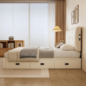 Самая продаваемая мягкая кровать для главной спальни с регулируемой высотой, обивкой из кожи, спинкой и вместительным ящиком для хранения из массива дерева - Product Image 3