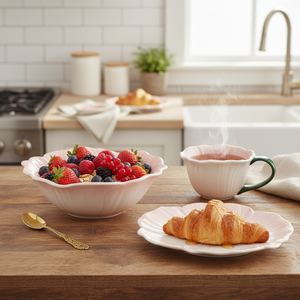 طقم أدوات مائدة سيراميك يدوي الصنع بتصميم زهور متدرجة اللون الوردي مع أطباق وأوعية وأكواب للاستخدام في المطاعم والفنادق - Product Image 2