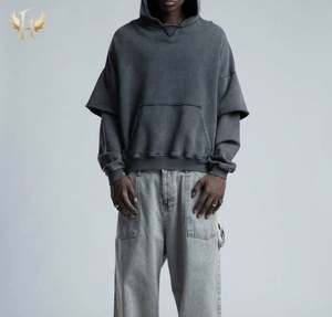 Vente en gros de sweat à capuche vintage 100% coton délavé à l'acide manches double couche 460 g/m² de couture brute sans cordon de serrage pour l'hiver - Product Image 1