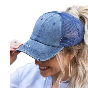 New Women High Ponytail Hat Distressed Baseball Caps Unstructured Washed Dad Hats Girls Custom Trucker Hat