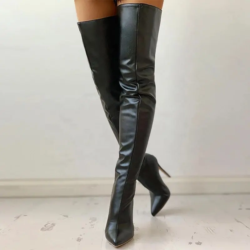 2022 nuovi stivali a punta lunga con cerniera piena Plus Size 43 stivali con tacco Legging stivali da donna alti sopra il ginocchio neri invernali