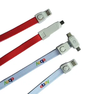 Promo Gift 3 in 1 Lanyard USB Cable Premium Fabric Braided Micro USB C Charging Cable Necklace Custom Printed Multi USB Cable