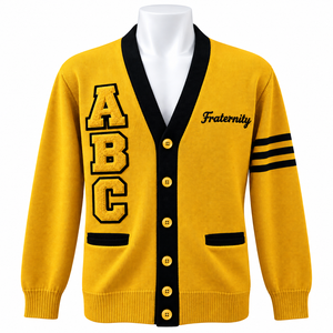 Pull cardigan Alpha Phi Fraternity en or vieilli avec lettres en chenille OEM/ODM - Product Image 1