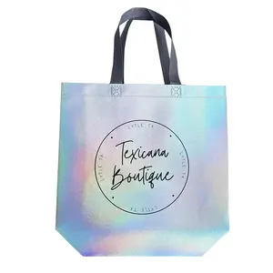 Bolsa no tejida ultrasónica, venta al por mayor, holograma impermeable, perla, plata, laminado, no tejido, bolsa de compras reutilizable con logotipo impreso