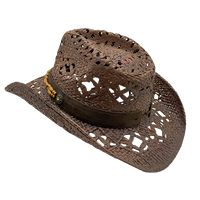 Chapeau de cowboy en paille marron foncé ajouré en gros |   Chapeaux de plage d'été personnalisés en bois et cuir pour femmes et hommes, parfaits pour les festivals et les fêtes