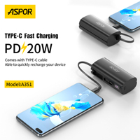 ASPOR A352 Prix d'usine, batterie externe ultra-fine 5000mAh avec câble intégré, mini compacte portable, batterie externe d'urgence PD20W+QC22.5W
