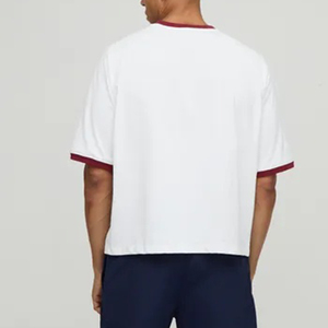 <span class=keywords><strong>T</strong></span>-<span class=keywords><strong>shirt</strong></span> blanc à manches courtes en coton avec bordure <span class=keywords><strong>bordeaux</strong></span> pour <span class=keywords><strong>homme</strong></span>, coupe décontractée confortable, col ras du cou décontracté, haut en coton - Product Image 2