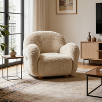 Fauteuil d'appoint confortable en tissu Teddy, fauteuil club rond en fourrure crème, siège rembourré en polaire douce, meubles de lecture pour chambre à coucher